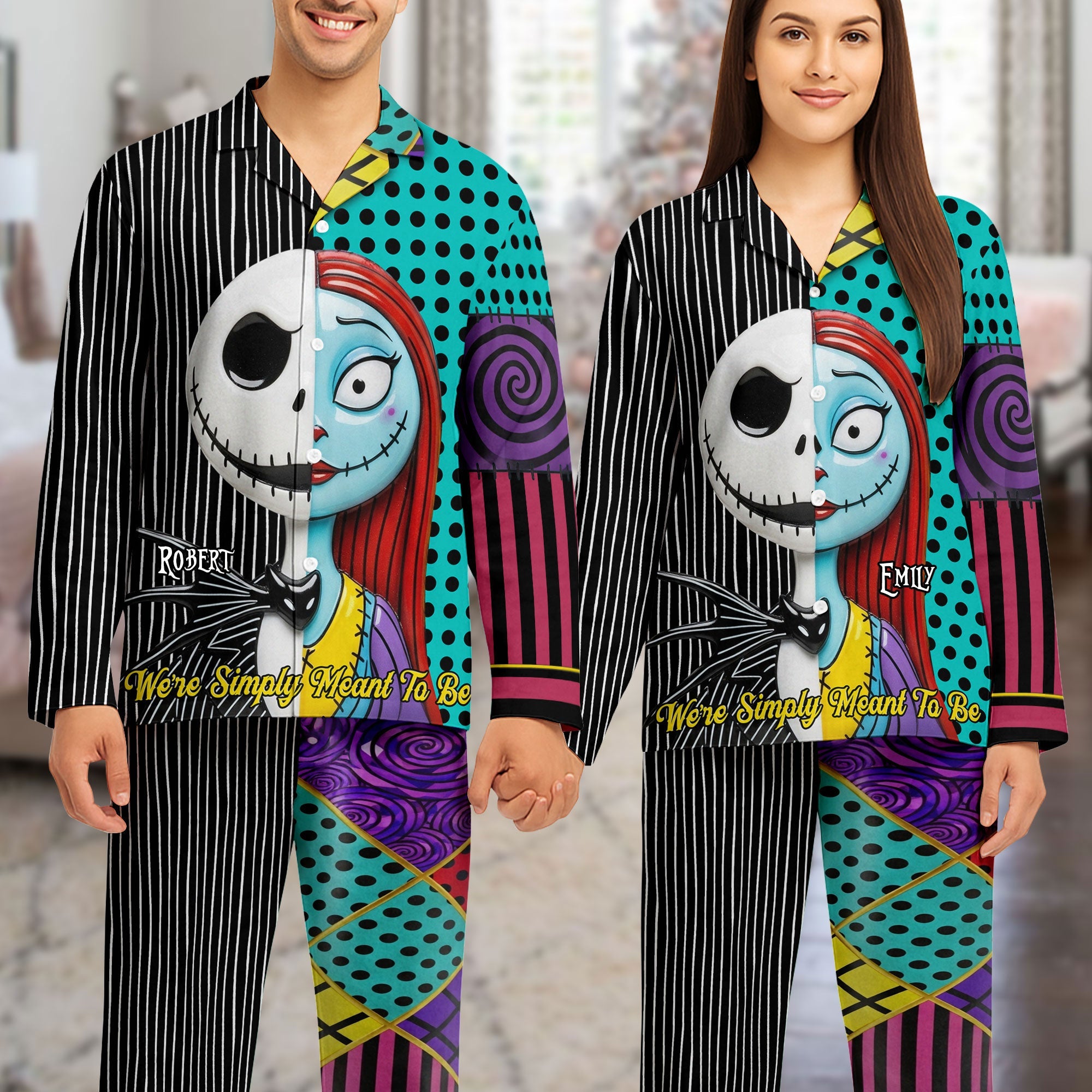 We're Simply Meant To Be - Spooky Couple Pajama Set - Personalized Gifts for Couples Pajama Set PopCulturePrints