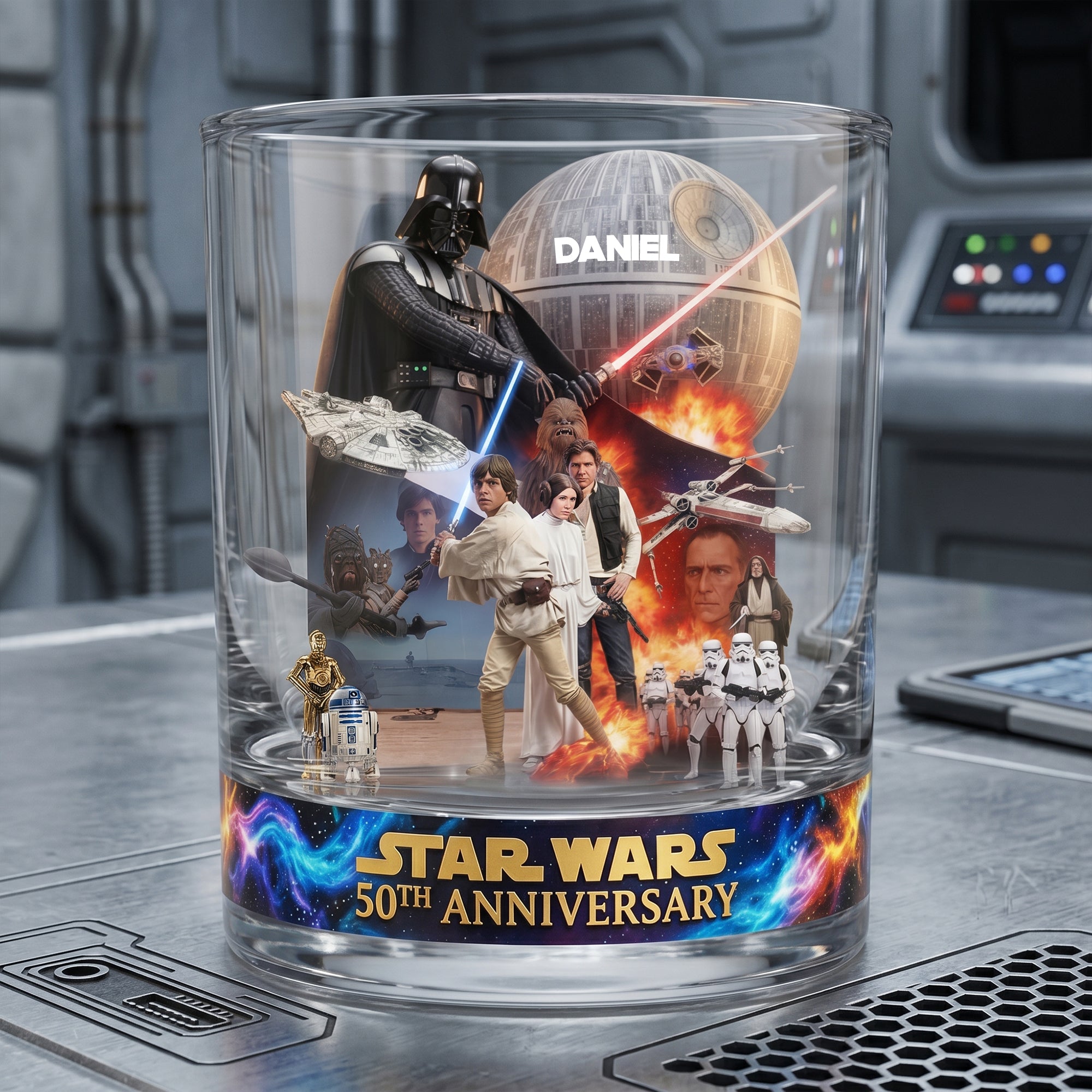 Embrace the Force: Personalized 50th Anniversary Star Wars Round Glass Glass PopCulturePrints