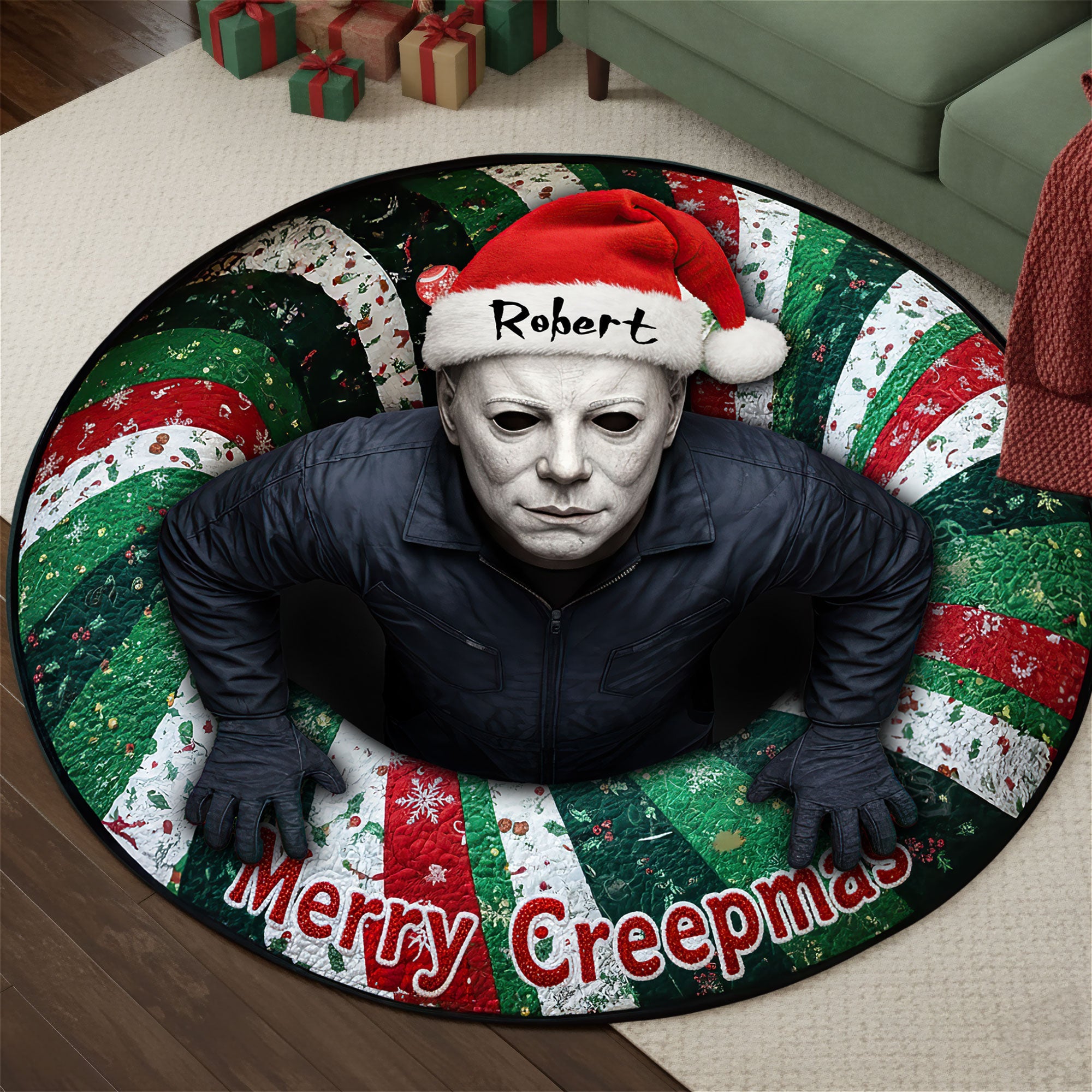 "Embrace the Horror: Personalized Christmas Quilted Round Mat - Perfect Gift for Movie Fans and Friends" Doormat PopCulturePrints
