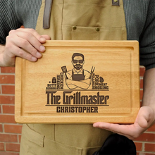 Load image into Gallery viewer, “The Grillmaster” - Personalized Wooden Cutting Board - Perfect Gift for Dad, Grandpa, and BBQ Lovers Wooden Cutting Board PopCulturePrints
