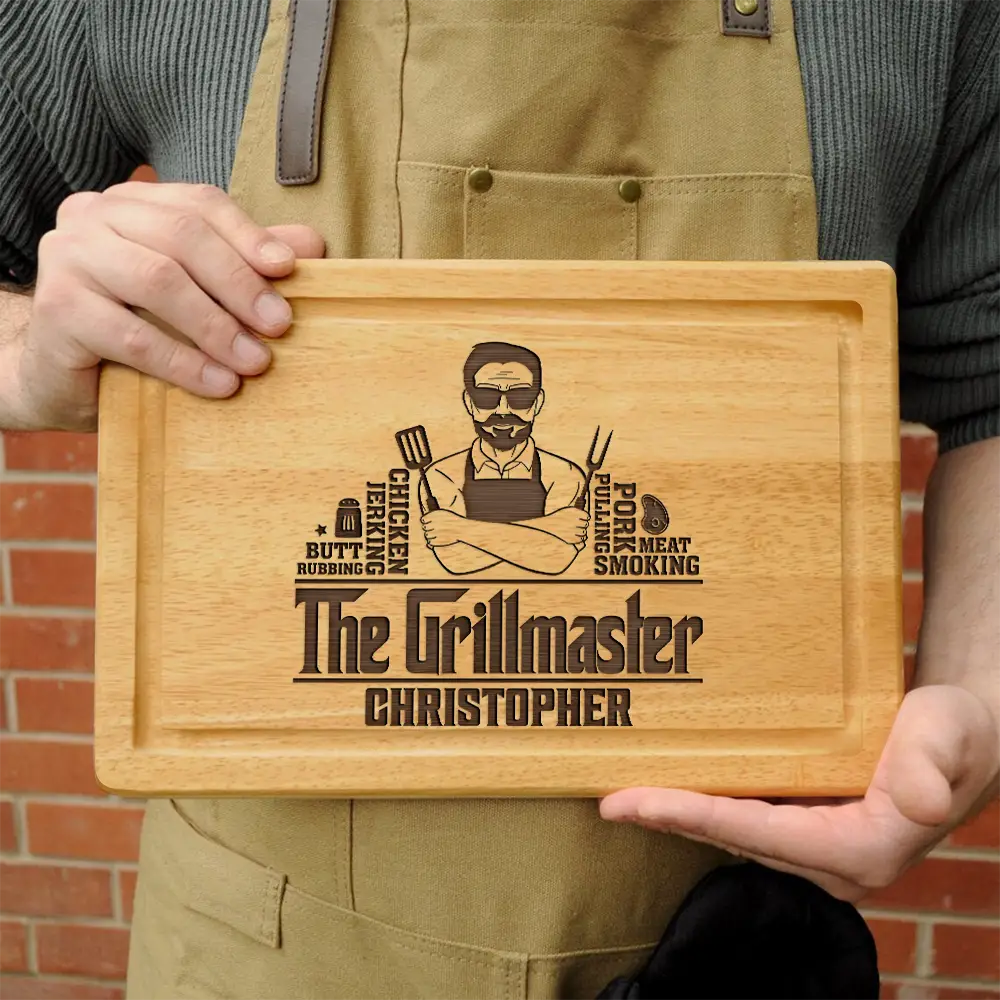 “The Grillmaster” - Personalized Wooden Cutting Board - Perfect Gift for Dad, Grandpa, and BBQ Lovers Wooden Cutting Board PopCulturePrints