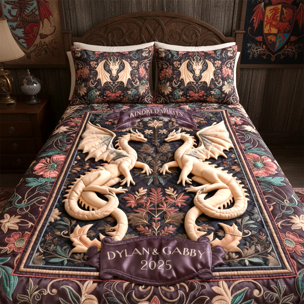 "Embrace the Magic of Togetherness" - Folk Medieval Dragon Couple Quilt Bed Set, Personalized Gift for Couples Bedding Set PopCulturePrints