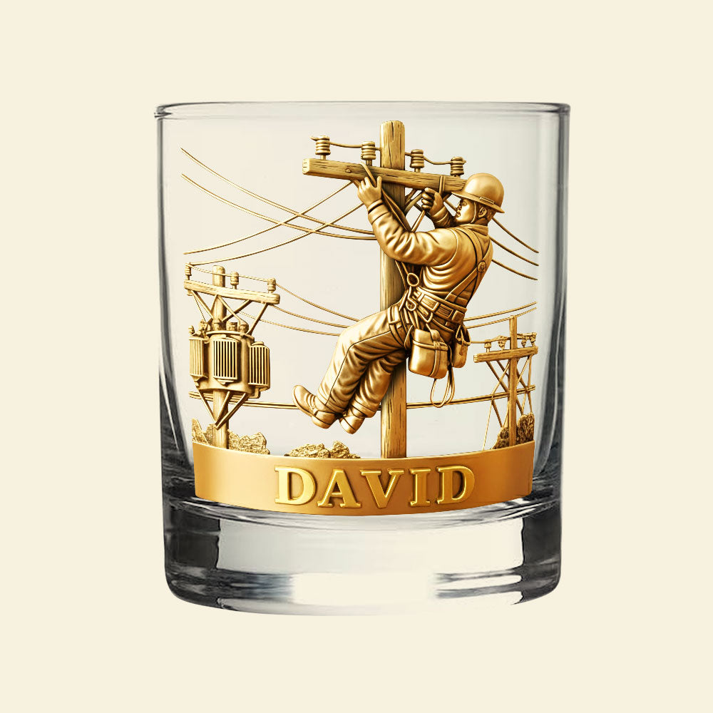 Celebrate the Spirit of Hard Work - Personalized Lineman Round Whiskey Glass Glass PopCulturePrints