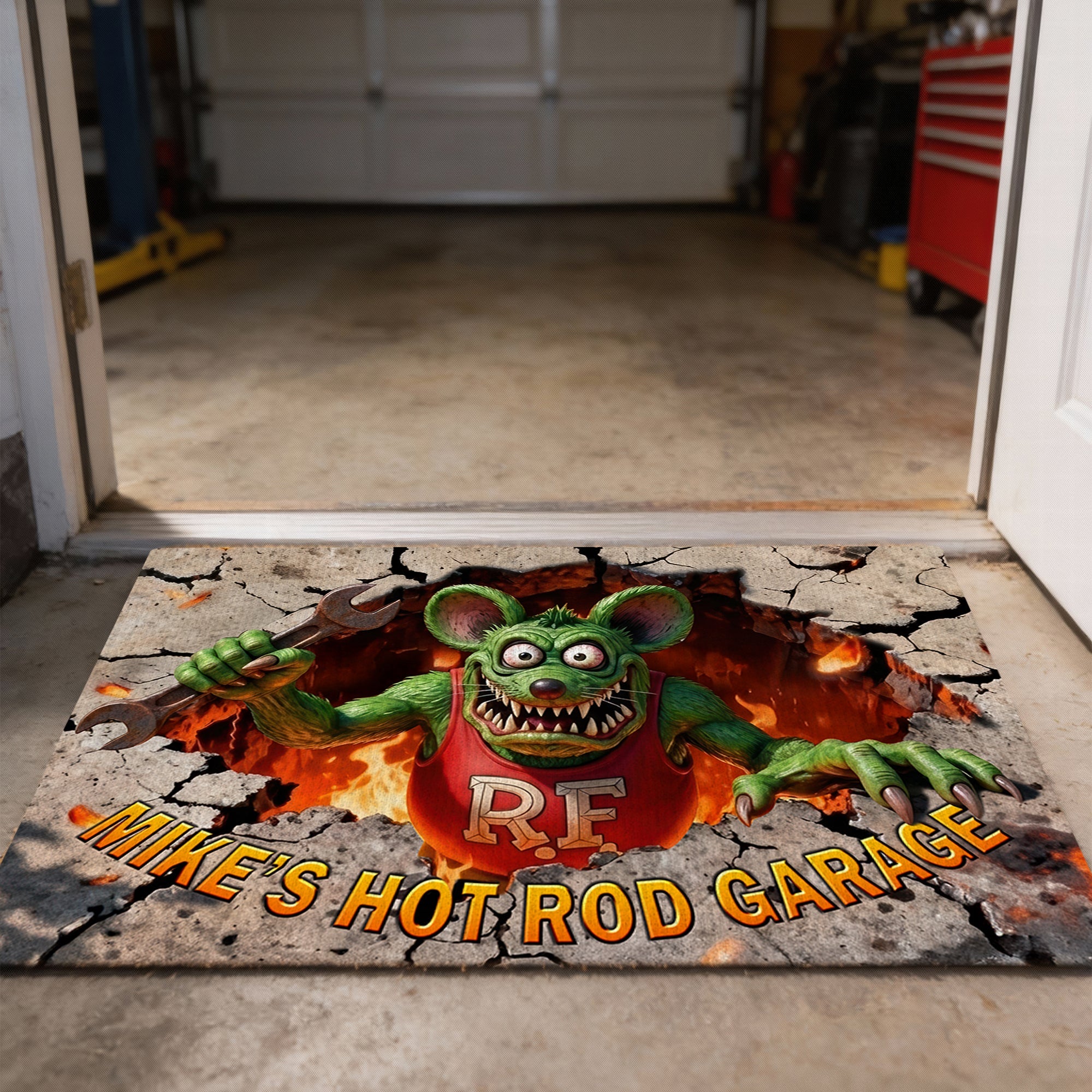 Rev up Your Entrance: Playful Hot Rod Garage Doormat - Personalized Gifts for Hot Rod Lovers