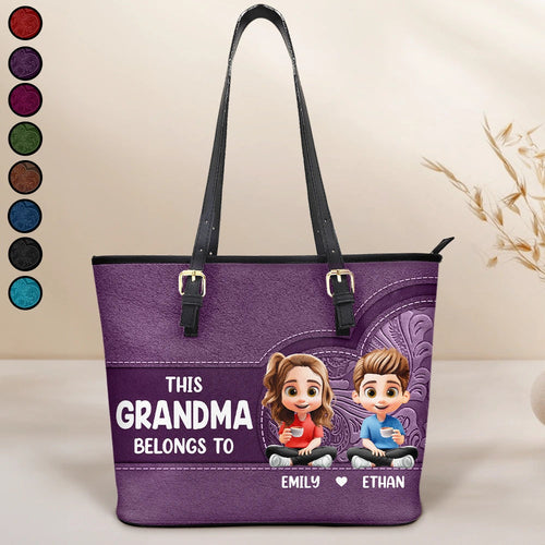 This Grandma Belongs To - Personalized Cartoon Tote Bag Leather Tote Bag PopCulturePrints