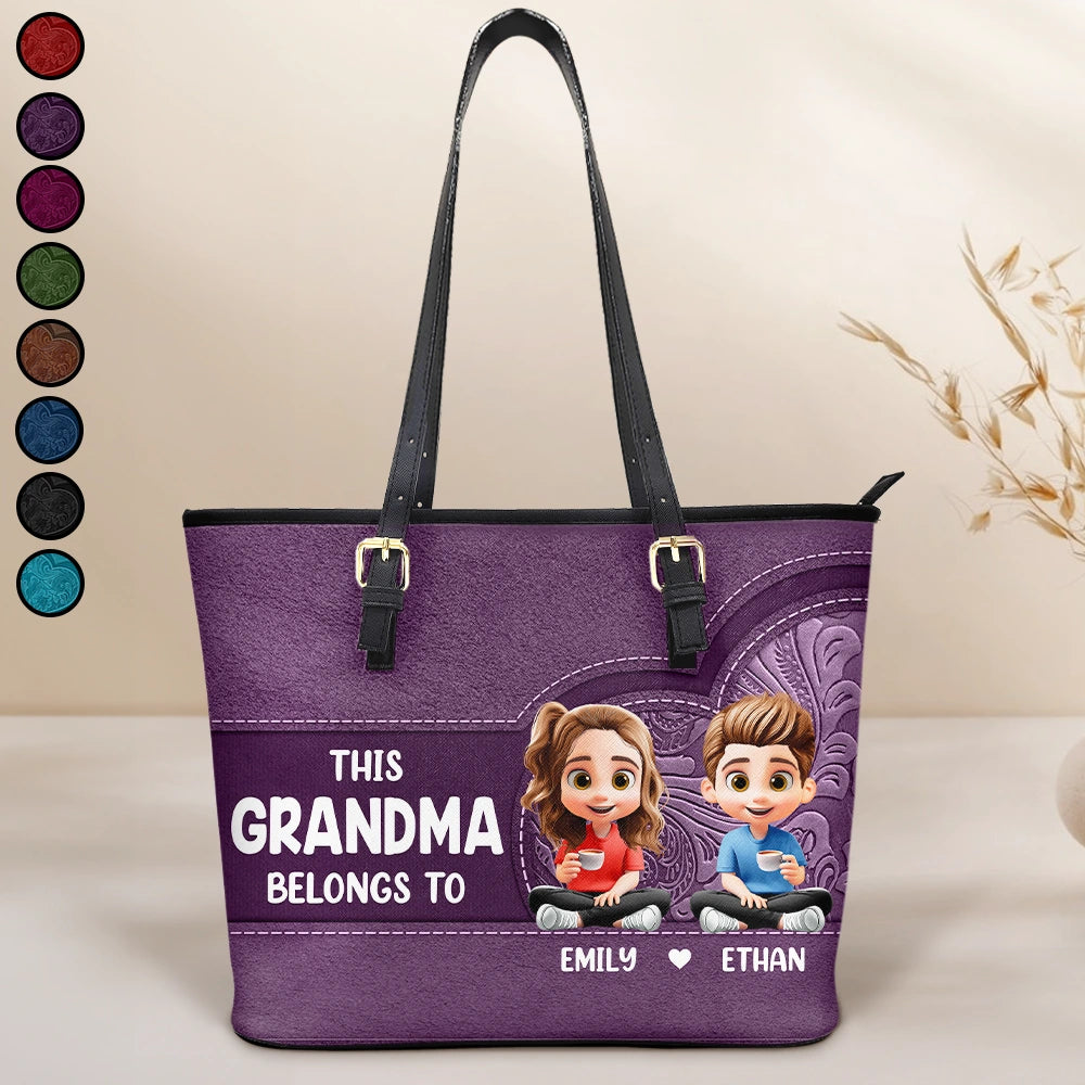 This Grandma Belongs To - Personalized Cartoon Tote Bag Leather Tote Bag PopCulturePrints