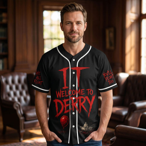 “We All Float Together!” - Creepy Carnival Legend Baseball Jersey, Personalized Gift for Horror Lovers AOP Products PopCulturePrints