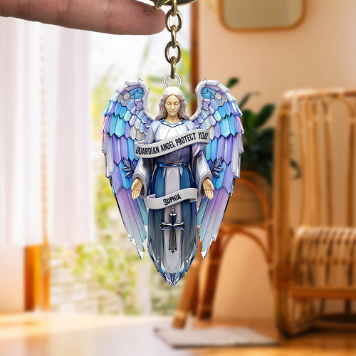 “Guardian Angel Protect You” - Personalized Keychain for Christians - Custom Gift for Loved Ones Keychains PopCulturePrints