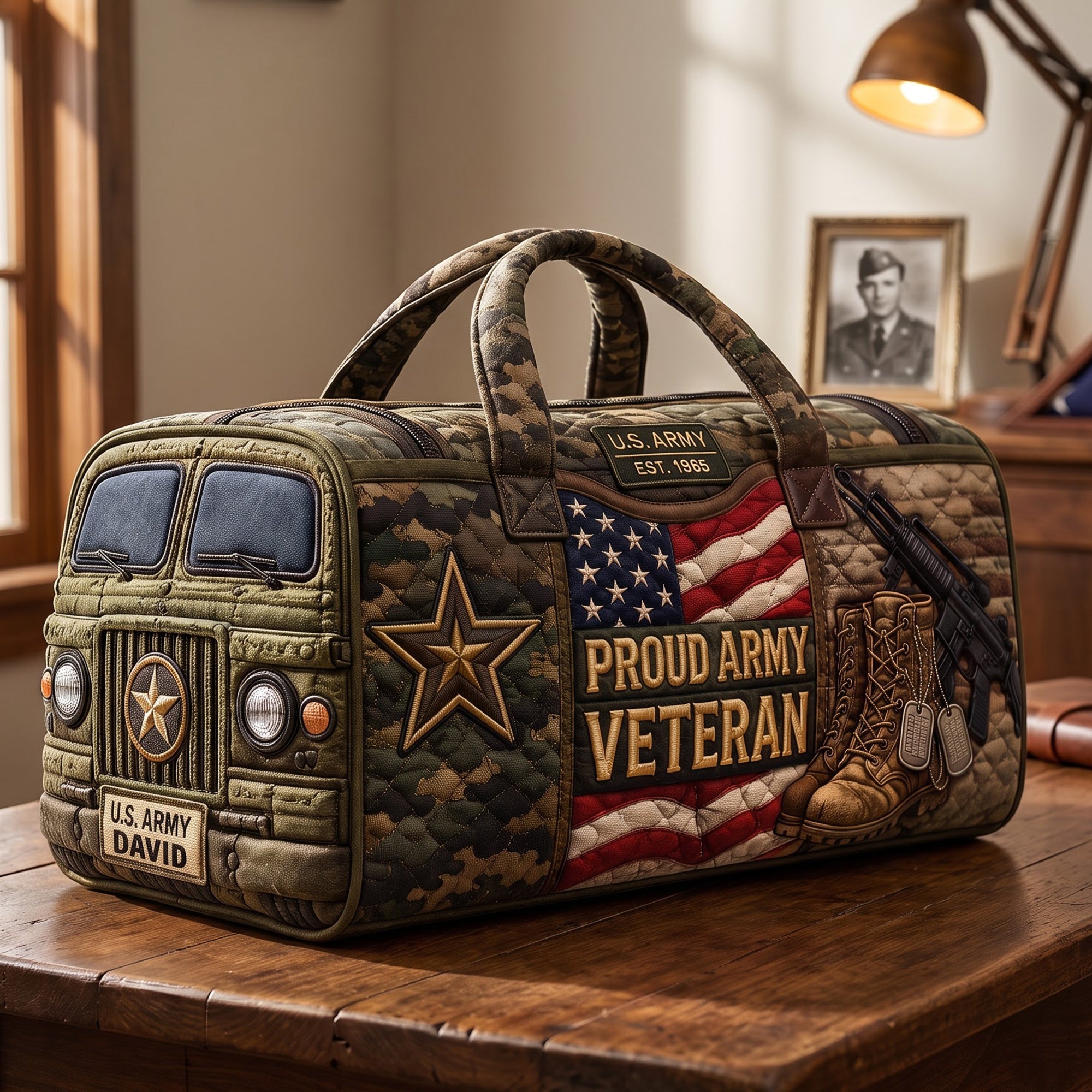 “Honor the Brave” - Military Quilted Duffle Bag - Personalized Gift for Veterans