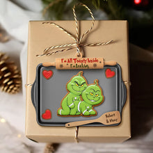 Load image into Gallery viewer, “I&#39;m All Toasty Inside” - Mischievous Green Gingerbread Couple Ornament - Personalized Gift for Couples

