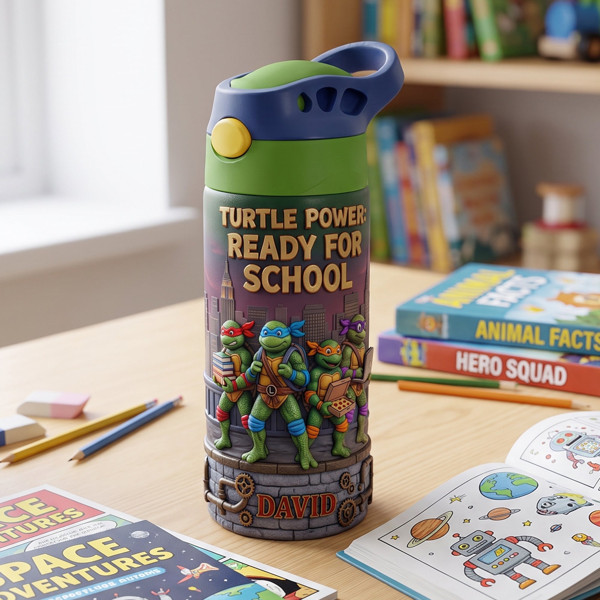 Turtle Power: Ready for School - Personalized 12oz Colorful Kid Tumbler Gift Tumbler Cup PopCulturePrints