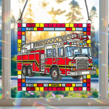 Load image into Gallery viewer, “Shine Bright with Our Stained Glass Firetruck!” - Firetruck Window Hanging Suncatcher Ornament - Personalized Gifts for Firefighters Ornament PopCulturePrints
