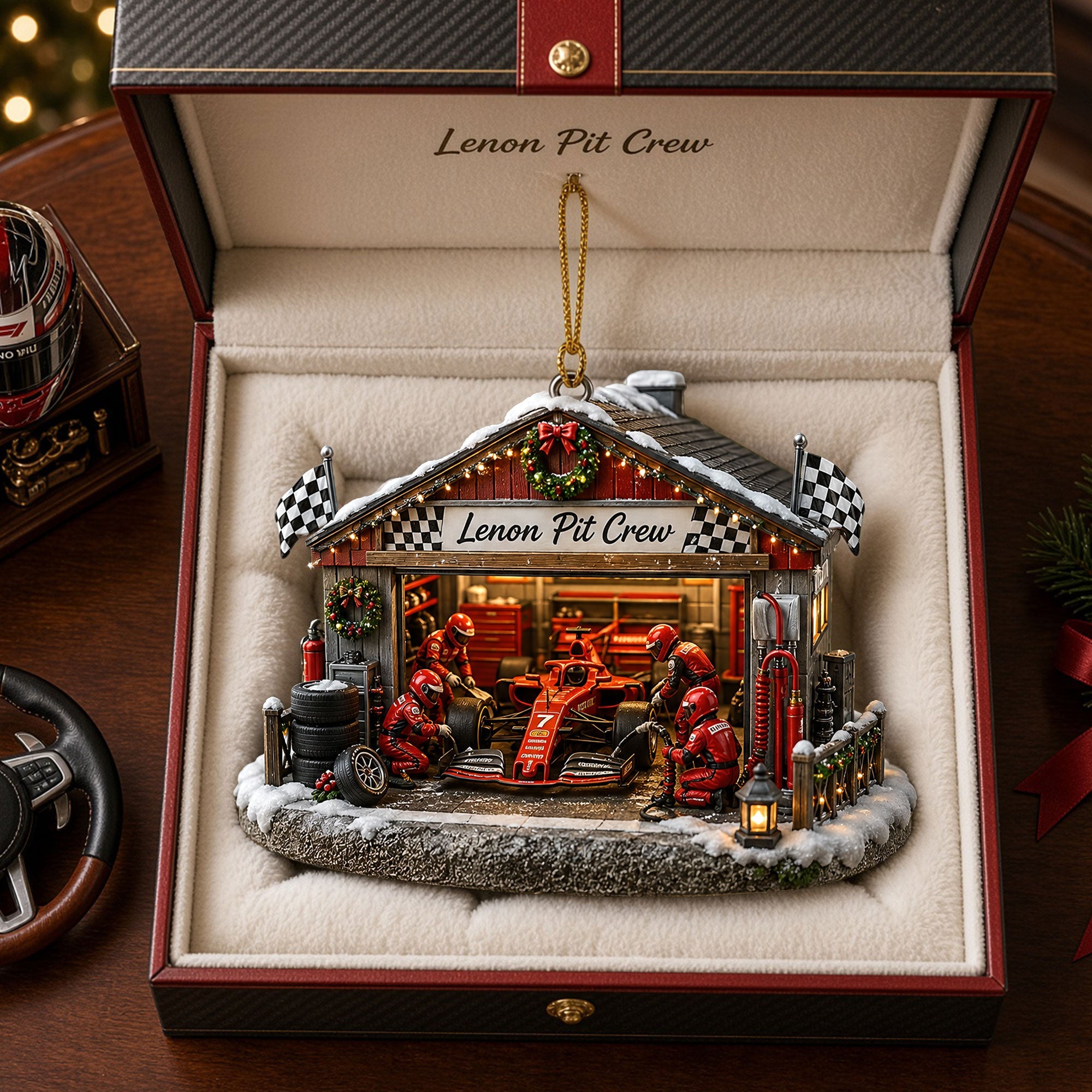 “Rev Up Your Holidays” – Festive Pit Crew Ornament – Personalized Christmas Gift for Racing Fans