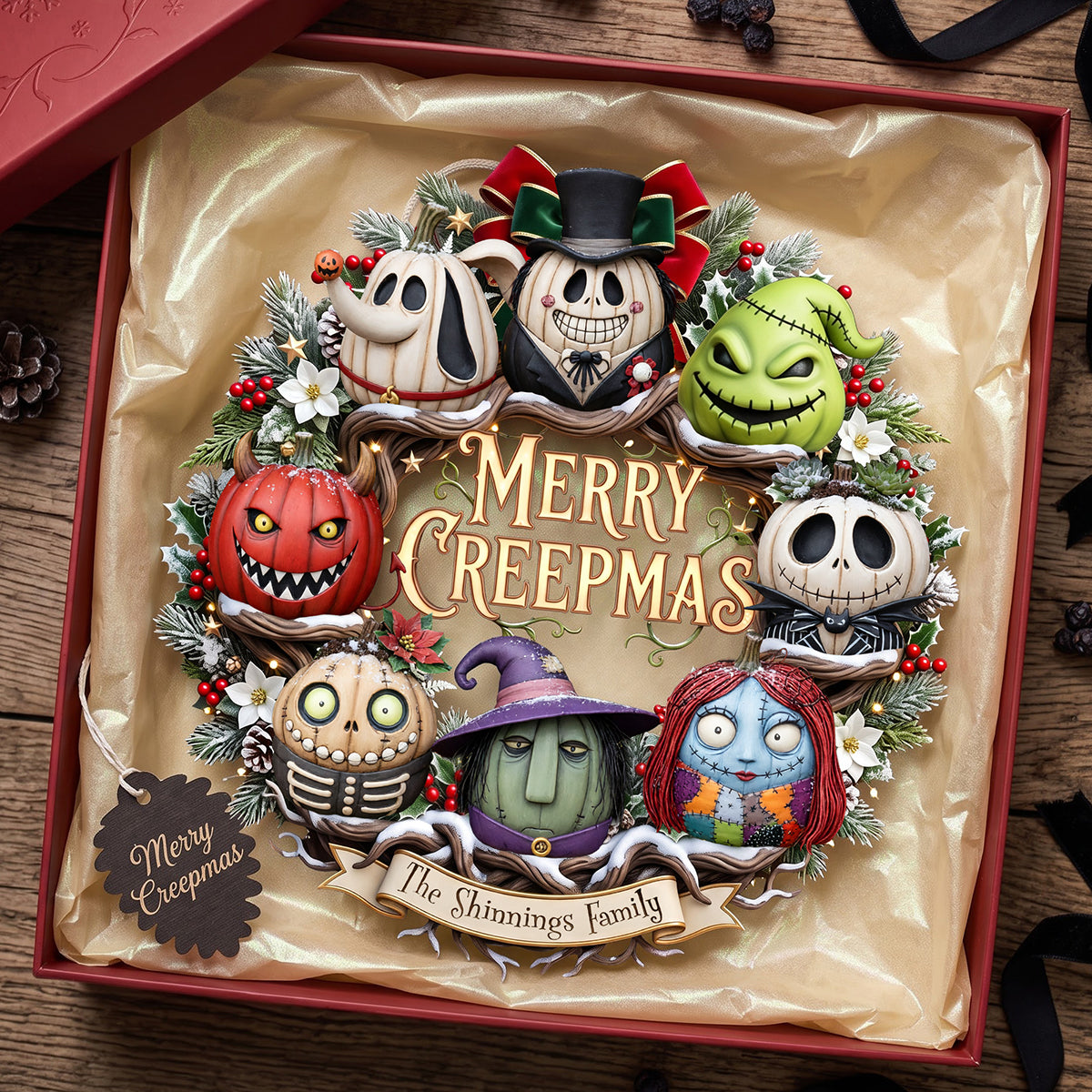 "Celebrate a Creepy Christmas with Style!" - Merry Creepmas Wreath Acrylic Sign - Personalized Gift for Halloween Lovers and Holiday Enthusiasts
