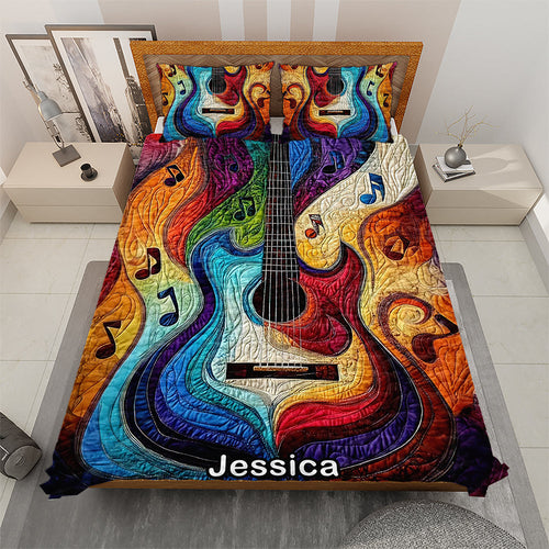 Personalized Colorful Rainbow Guitar Quilt Set for Music Lovers Blanket PopCulturePrints