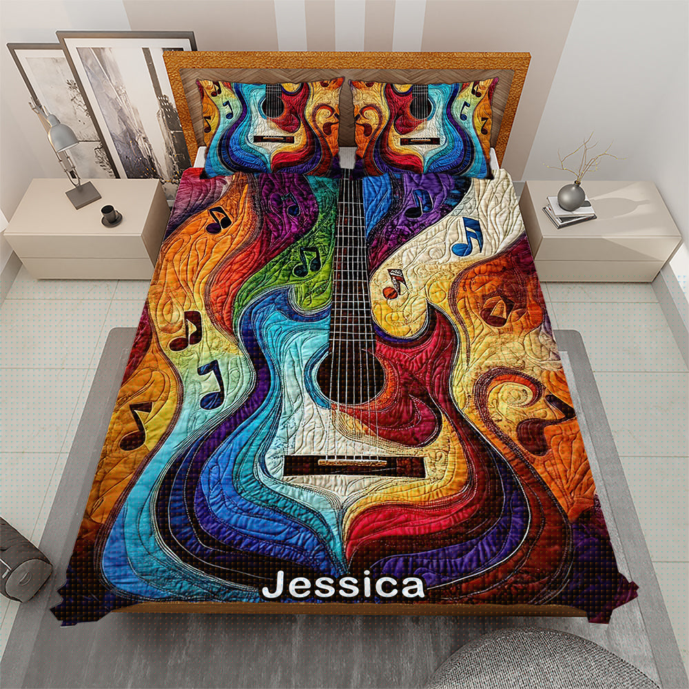 Personalized Colorful Rainbow Guitar Quilt Set for Music Lovers Blanket PopCulturePrints
