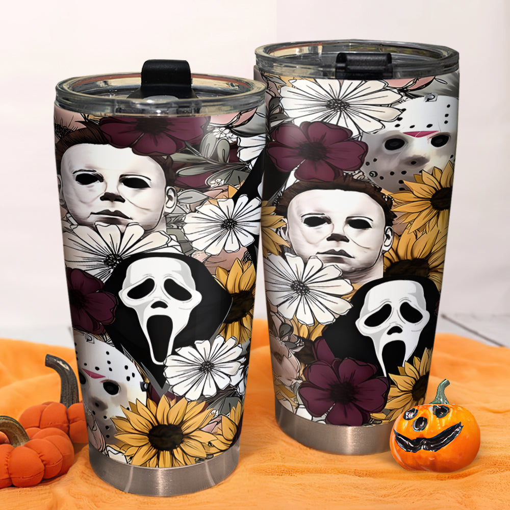 Horror Icons Floral Tumbler - Michael Myers, Ghostface, Jason Voorhees