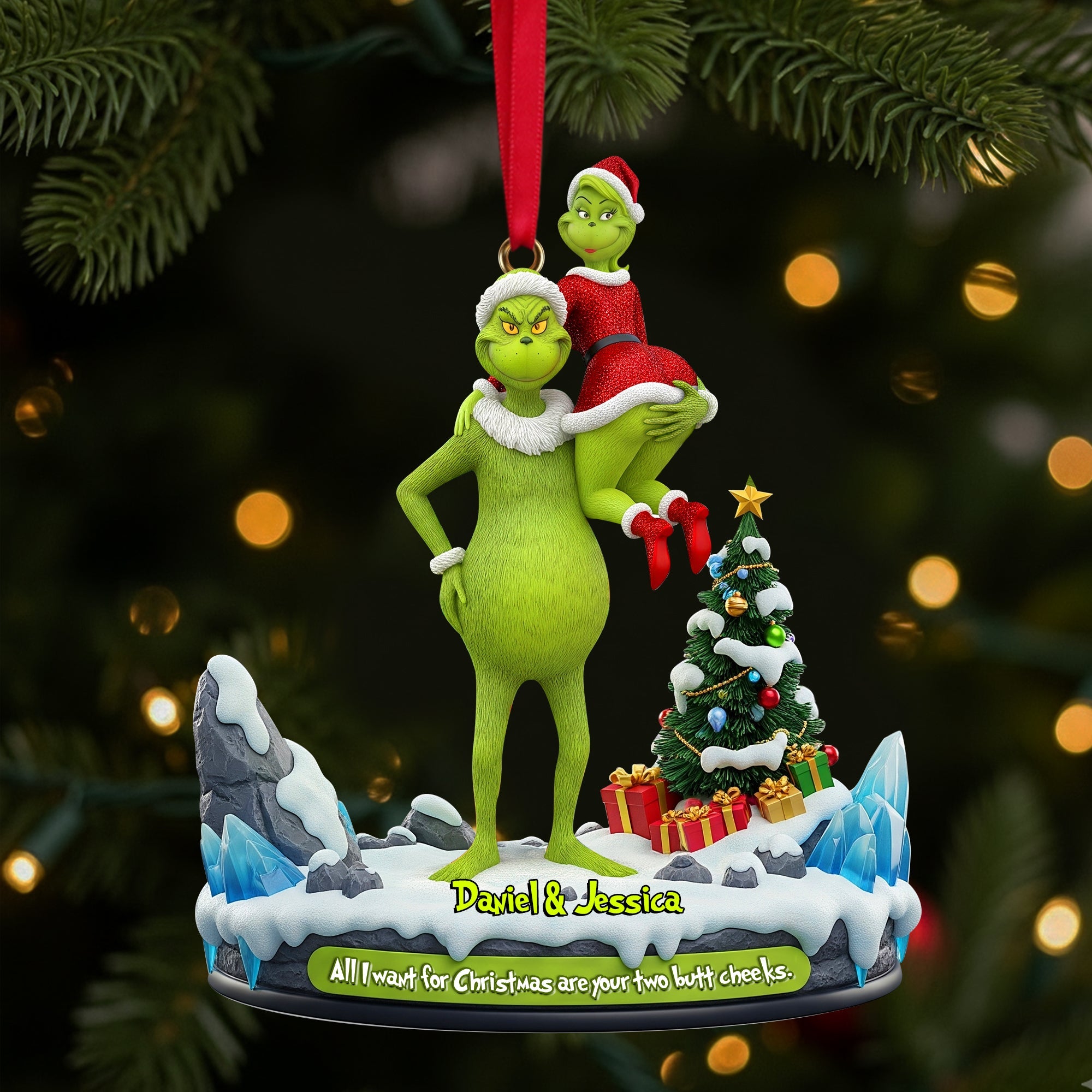 All I Want for Christmas: Hugging Green Monster Couple Ornament - Personalized Gift for Couples Ornament PopCulturePrints