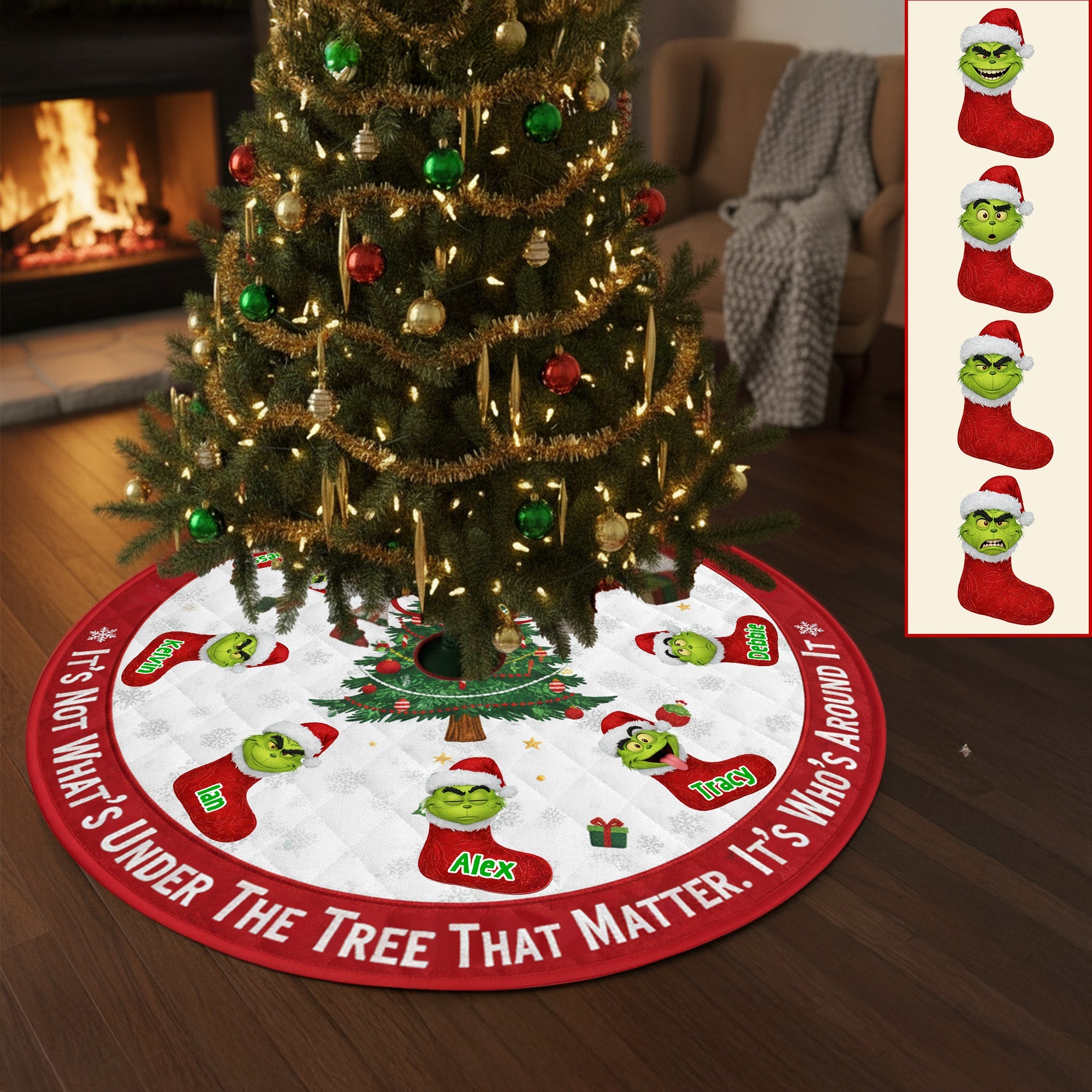 “It's Not What's Under The Tree That Matter, It’s Who’s Around It” - Green Monster Family Tree Skirt - Personalized Gift for Family Christmas Tree Skirt PopCulturePrints