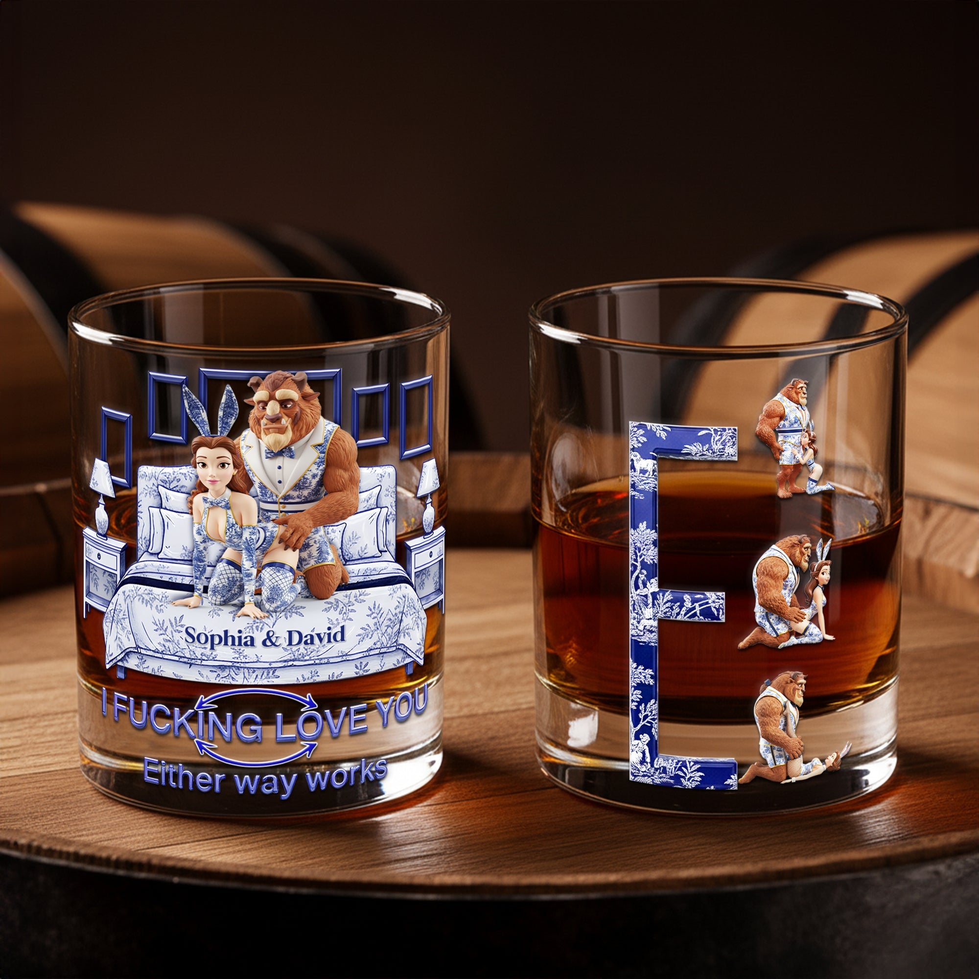 Love In Every Sip - Personalized Wild Romance Couple Round Glass Glass PopCulturePrints