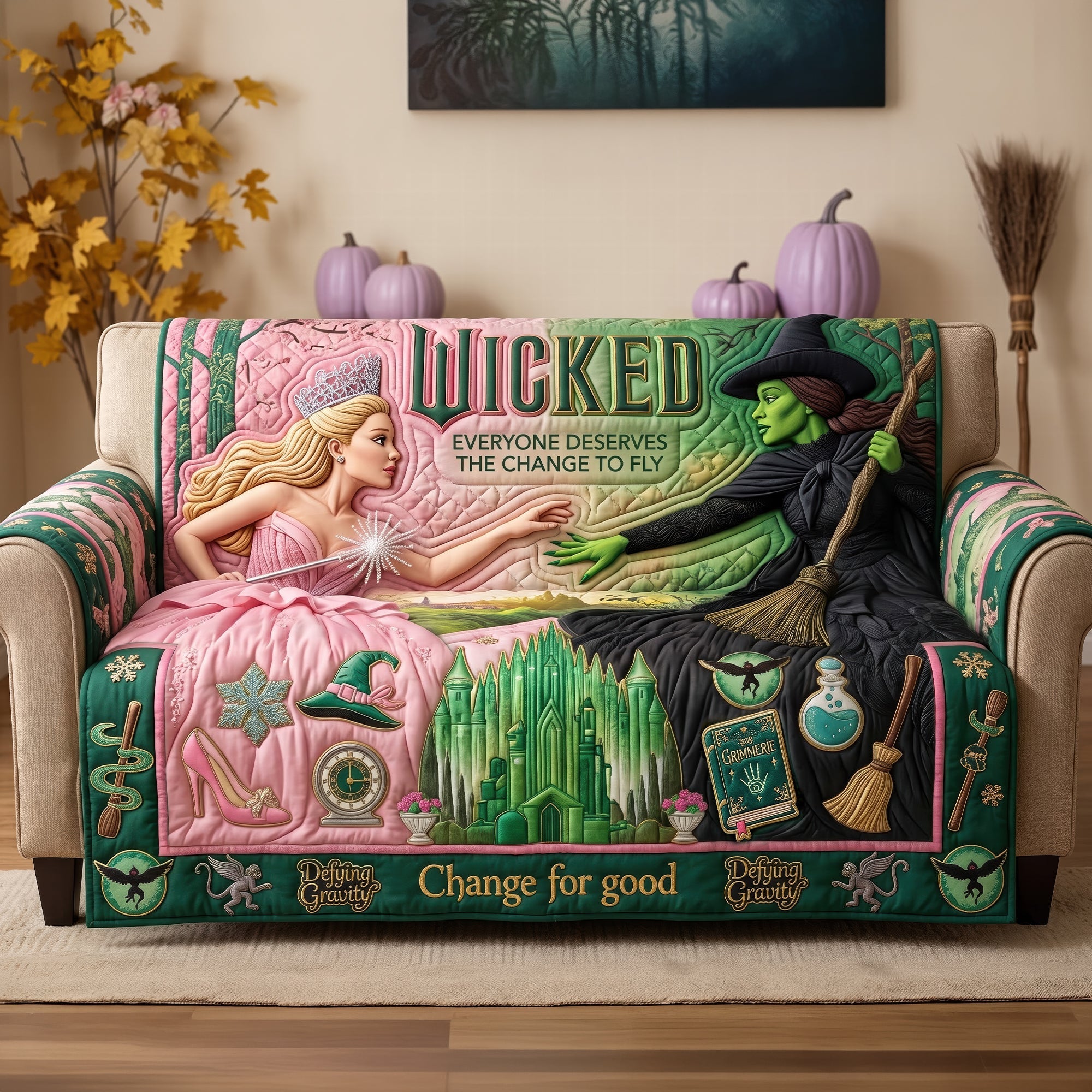 Wicked Quote: 'Everyone Deserves The Change To Fly' - Pink & Green Quilted Sofa Cover - Personalized Gift for Witch Lovers