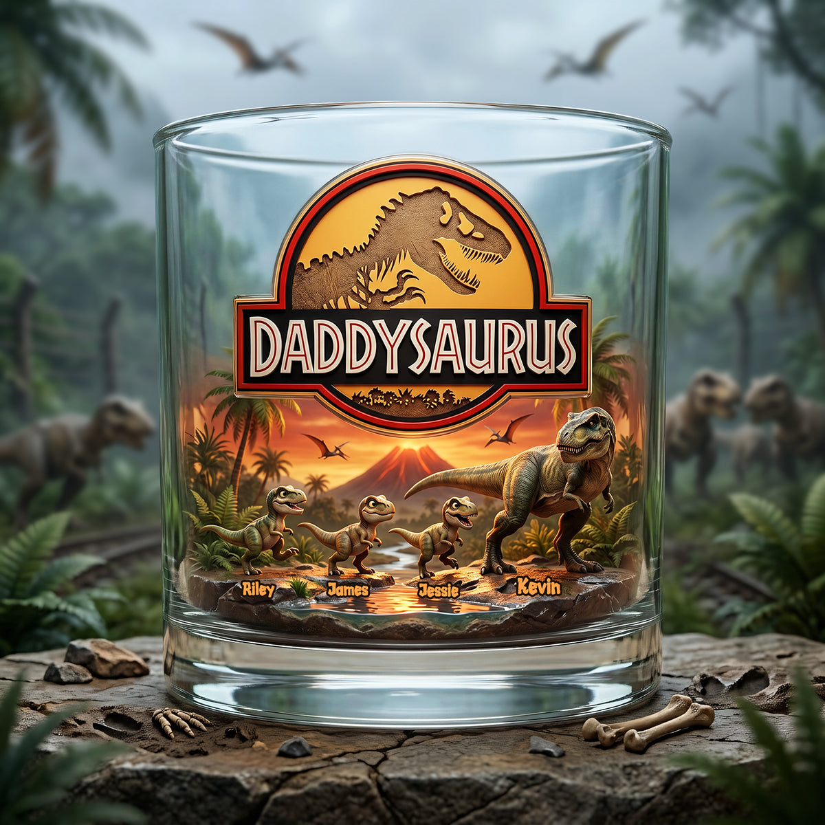 “Adventure Awaits! Daddysaurus Glass Mug - Personalized Gift for Dads and Grandpas” Glass PopCulturePrints