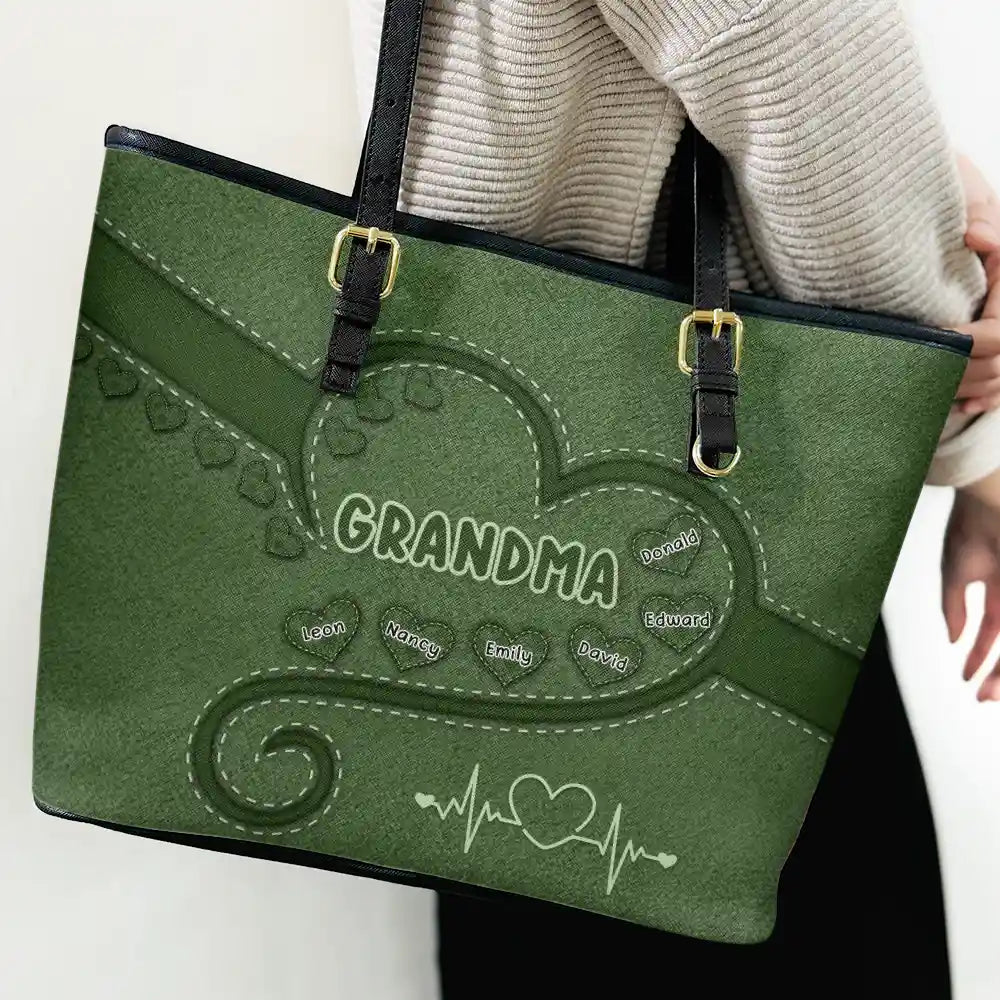 Grandma's Heart - Personalized Leather Tote Bag for Family Love Leather Tote Bag PopCulturePrints
