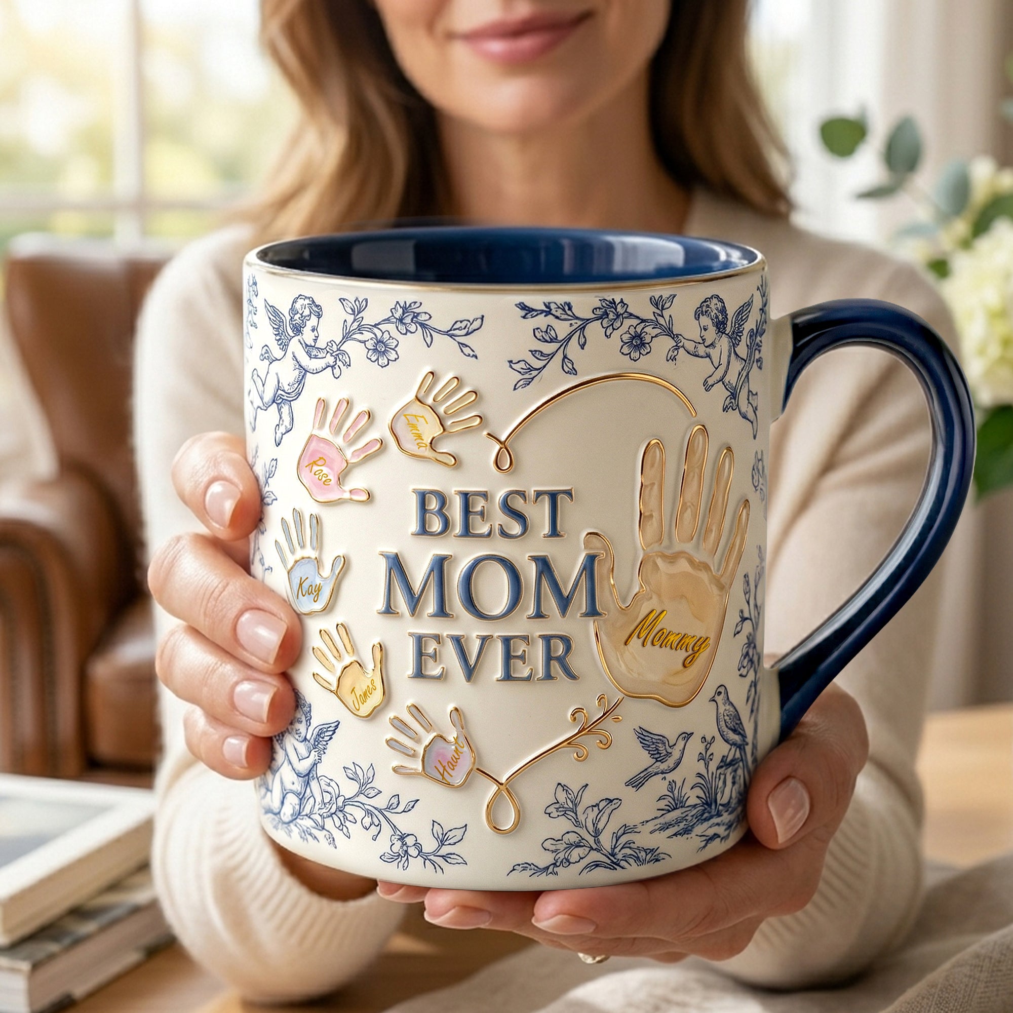 "Best Mom Ever" - Meaningful Toile De Jouy Accent Mug - Personalized Gifts for Mothers, Moms, and Grandmas Coffee Mug PopCulturePrints