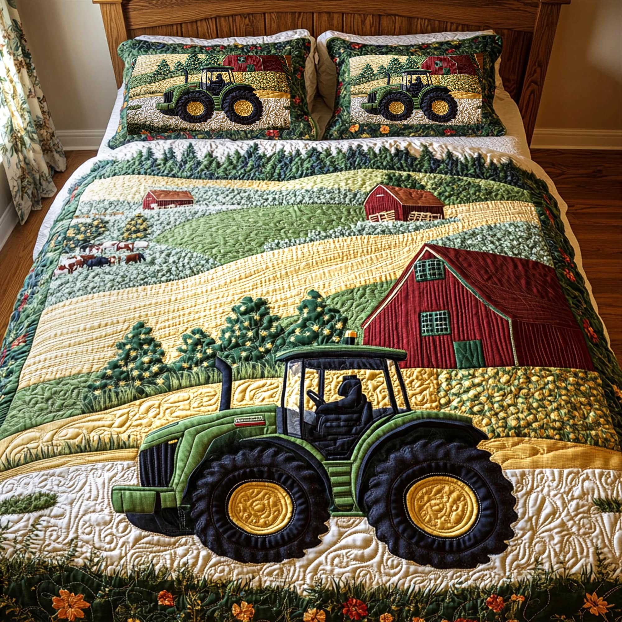 "Rev up your dreams with our Green Tractor On The Farm Quilt Bedding Set" - Personalized Bedding for Tractor Lovers Blanket PopCulturePrints