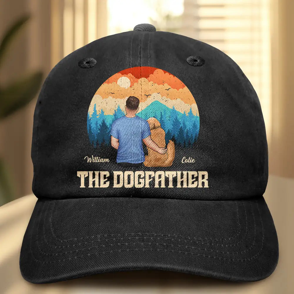 "A Gift that Speaks Volumes - The Dogfather Personalized Vintage Washed Denim Cap - Gift for Dad, Grandpa, and Dog Lovers" Vintage Washed Denim Cap PopCulturePrints