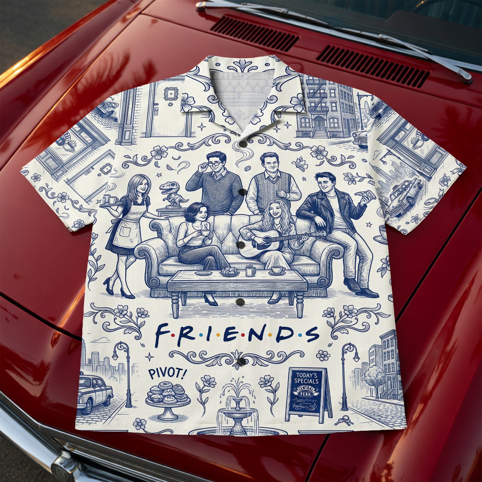 Get Cozy with Friends - Personalized Toile de Jouy Hawaiian Shirt - Unique Gift for Best Friends & Loved Ones