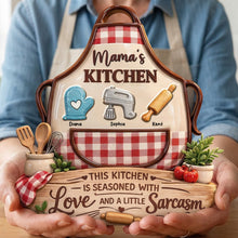 Load image into Gallery viewer, "This Kitchen is Seasoned with Love and a Little Sarcasm" - Mama's Kitchen Acrylic Plaque | Personalized Gift for Mom, Grandma, and Loved Ones Shaped Plaques PopCulturePrints
