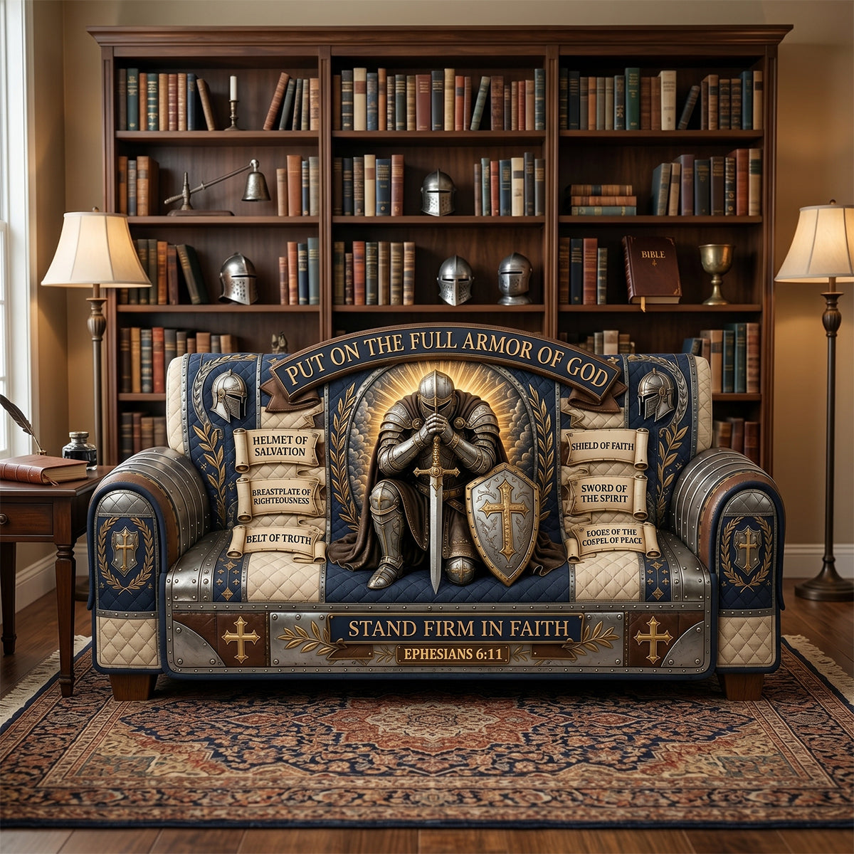 “Put on the Full Armor of God” - Personalized Quilted Sofa Cover - Unique Gift for Christians, Spirituality Lovers, and Faith Seekers