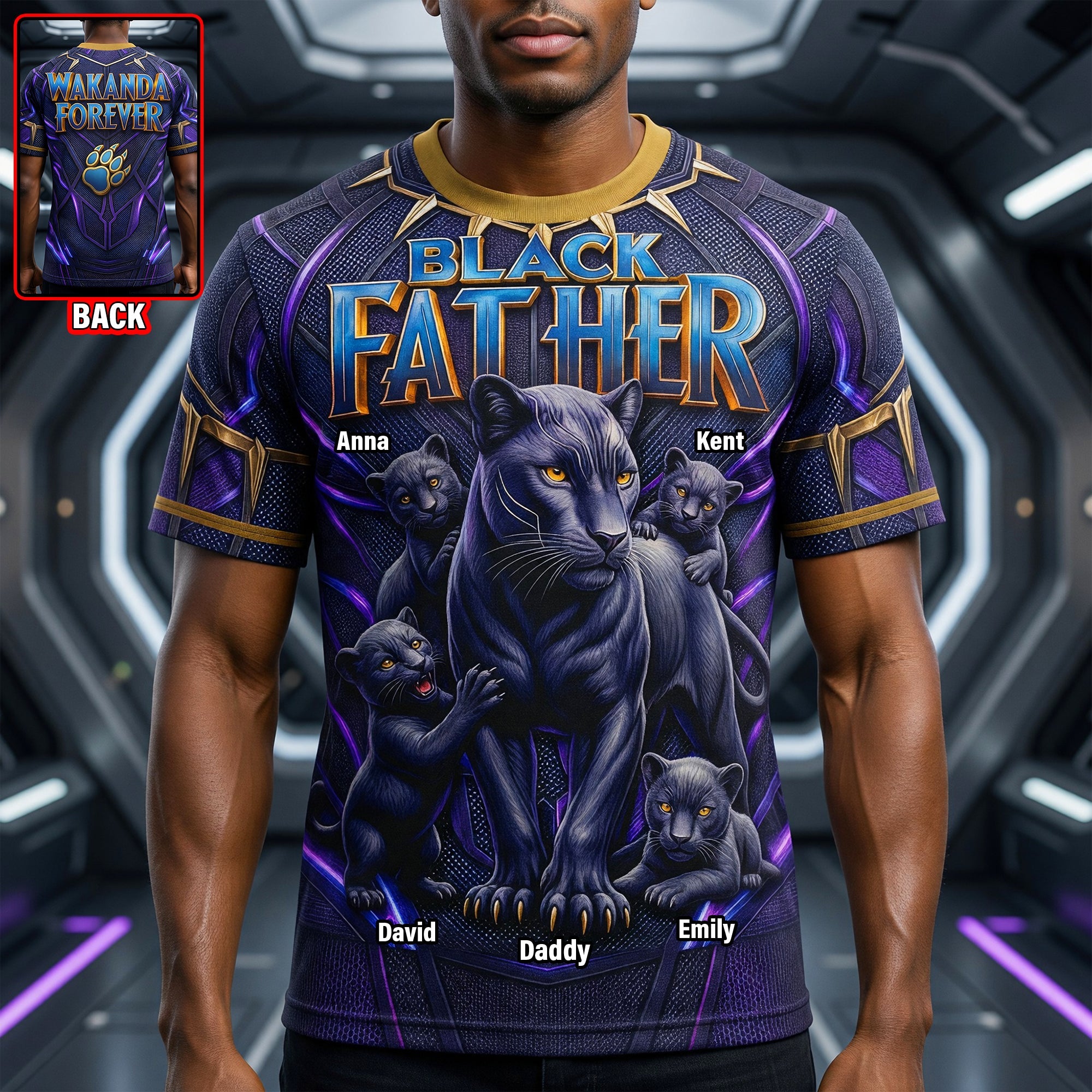 “A True Black Panther, A Loving Dad” - Personalized Predator Dad and Kids Shirt - Gift for Dad, Grandpa, and Family AOP Products PopCulturePrints