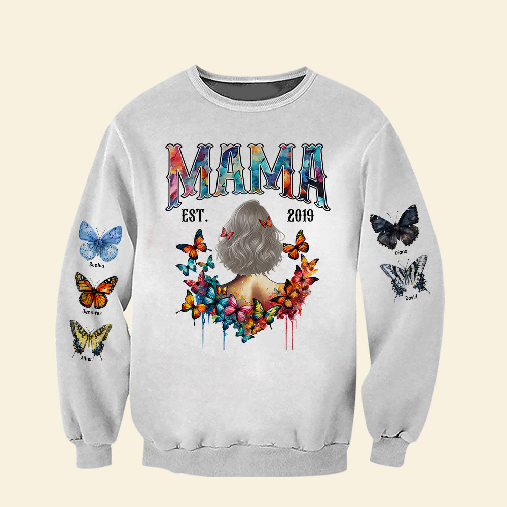“A Mother’s Love Takes Flight” - Personalized Butterfly Lovers Shirt - Custom Gift for Mom, Grandma, and More AOP Products PopCulturePrints