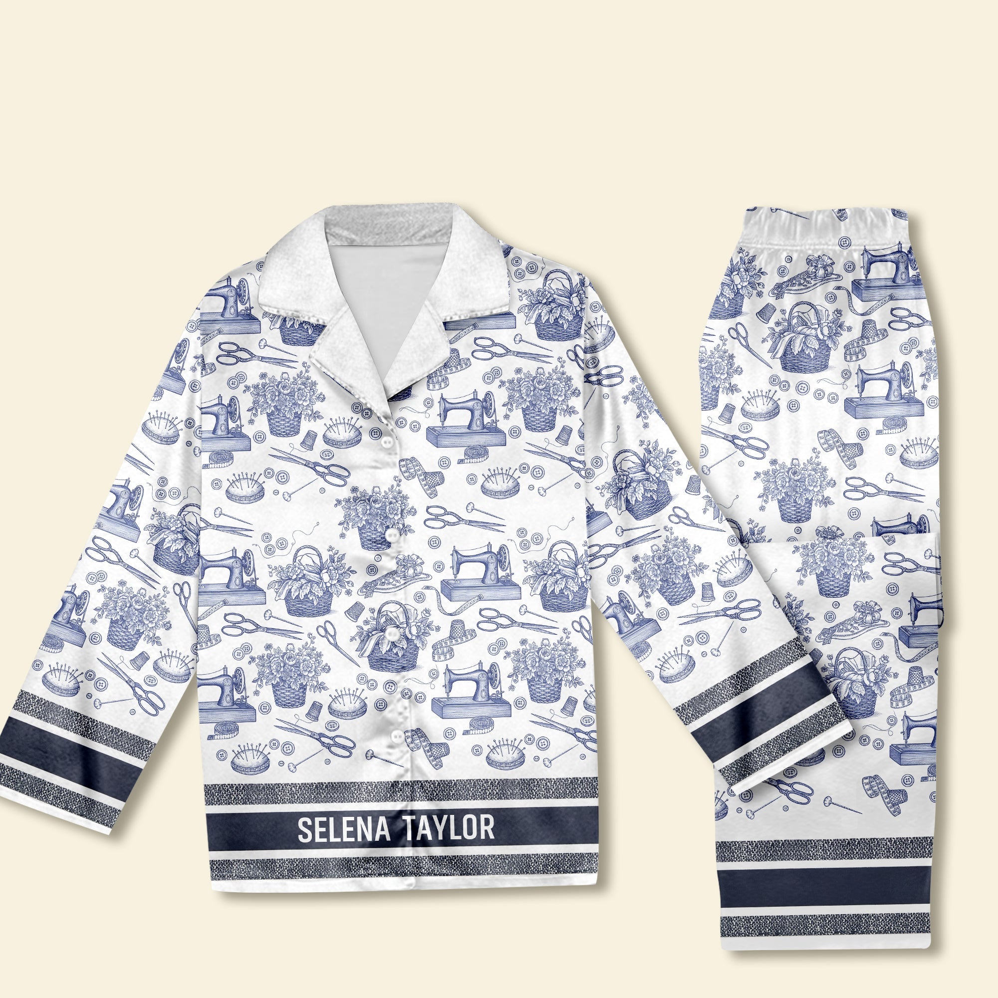 Sewing Dreams: Personalized Sewing Toile de Jouy Button Up Pajama Set - Gift for Sewing Lovers Pajama Set PopCulturePrints