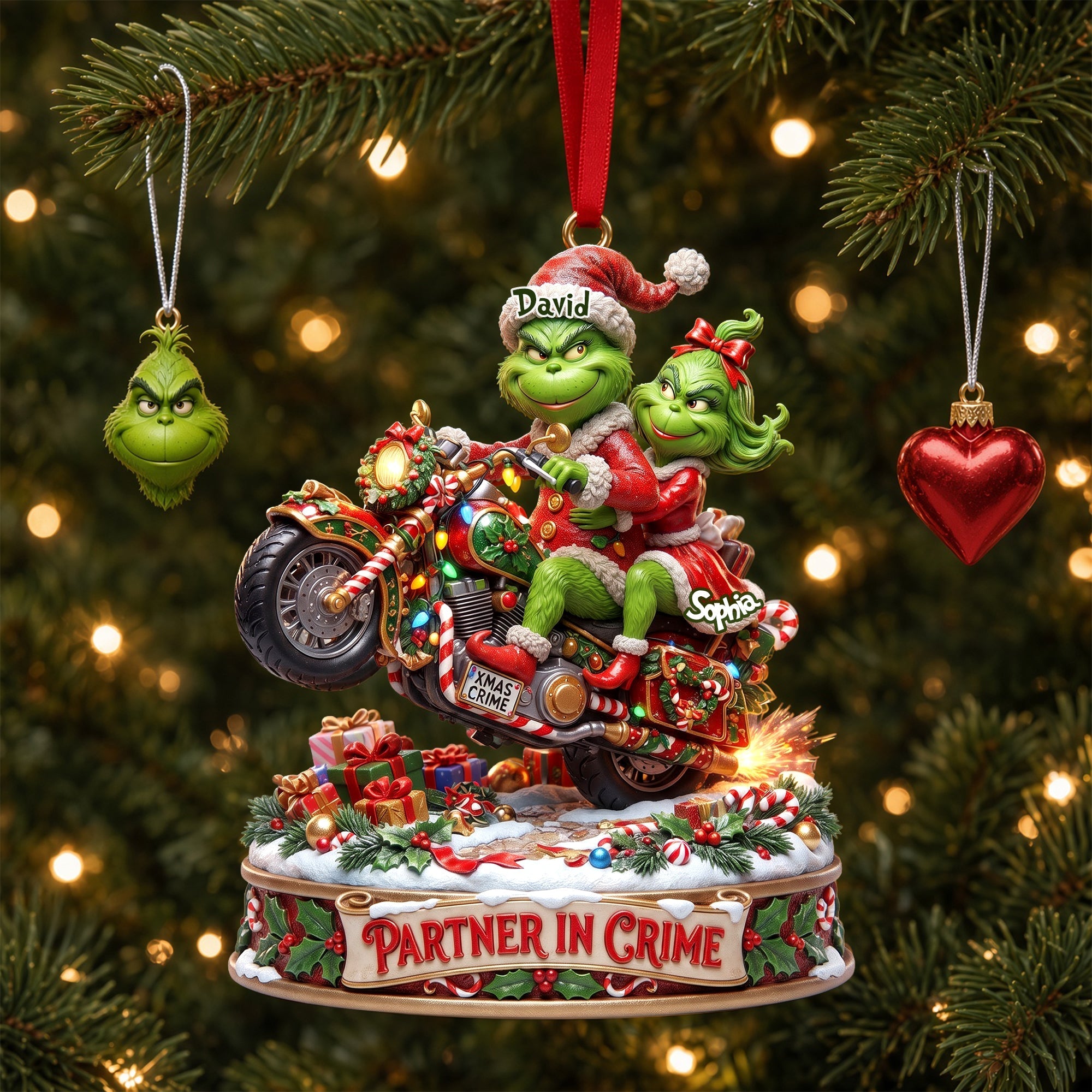 “Partners in Crime: Celebrate Love on Two Wheels” - Monster Riding Couple Ornament, Personalized Gift for Couples