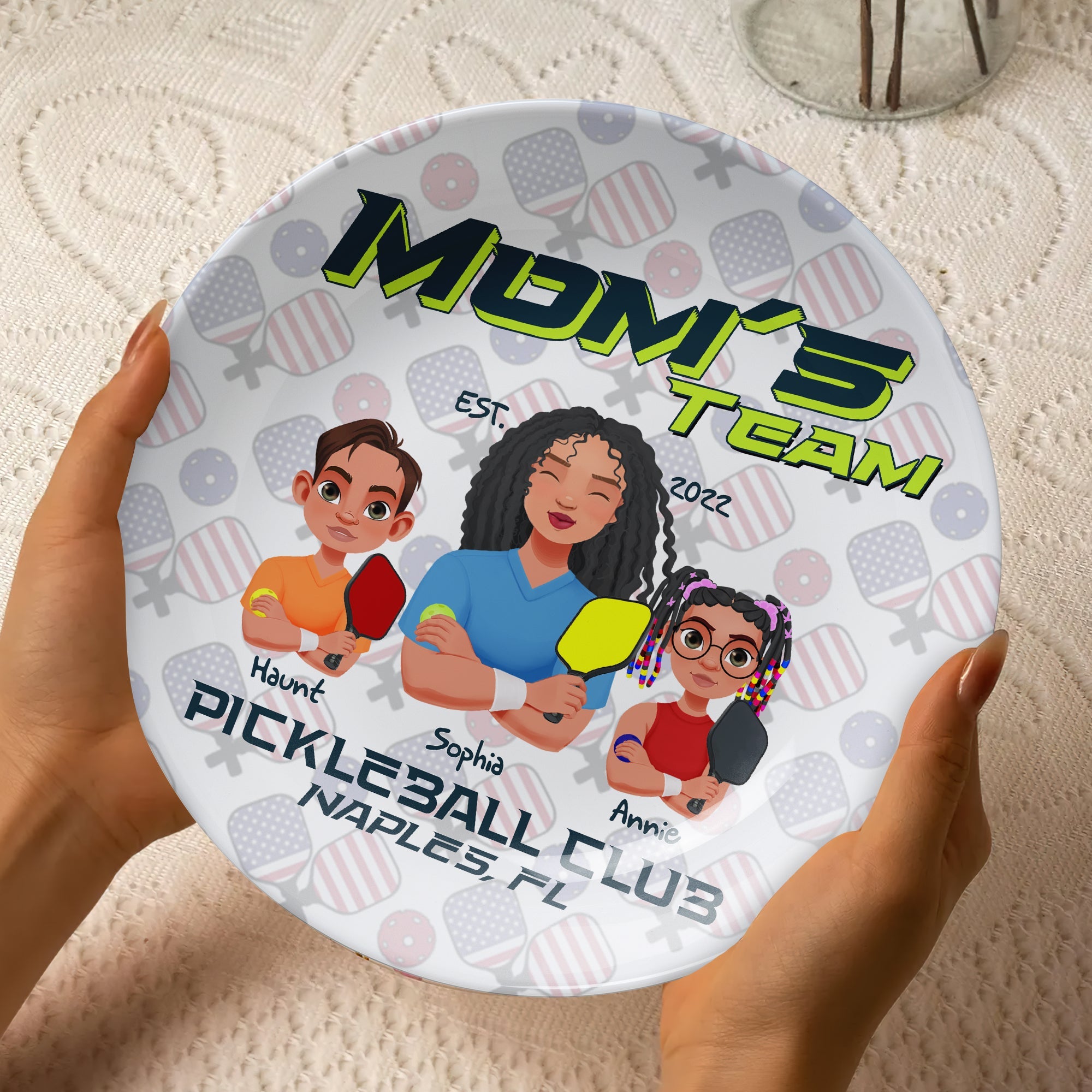 “Celebrate Mom's Pickleball Passion!” - Personalized Ceramic Round Plate - Gift for Pickleball Moms and Grandmas Ceramic Round Plate PopCulturePrints