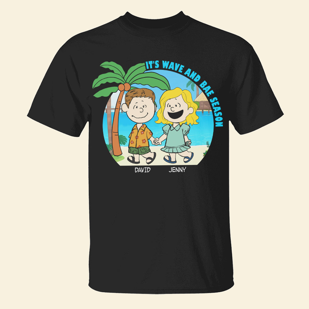 Personalized Cartoon Couple Beach Vacation T-Shirt - Wave and Bae Season