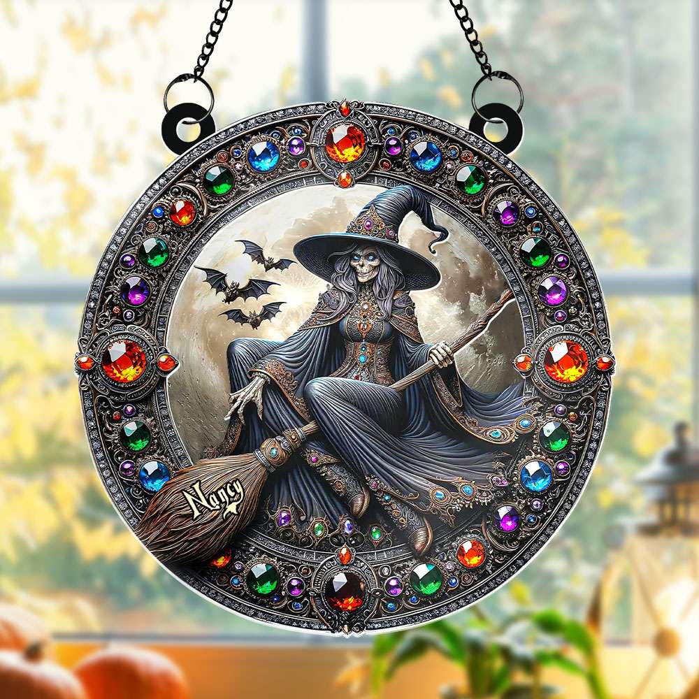 Personalized 3D Halloween Witch Sun Catcher - Round Shaped Home Decor