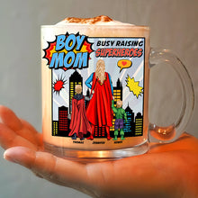 Load image into Gallery viewer, &quot;Busy Raising Superheroes&quot; - Boy Mom Clear Glass Mug - Personalized Gift for Moms, Grandmas, and More Clear Glass Mug PopCulturePrints
