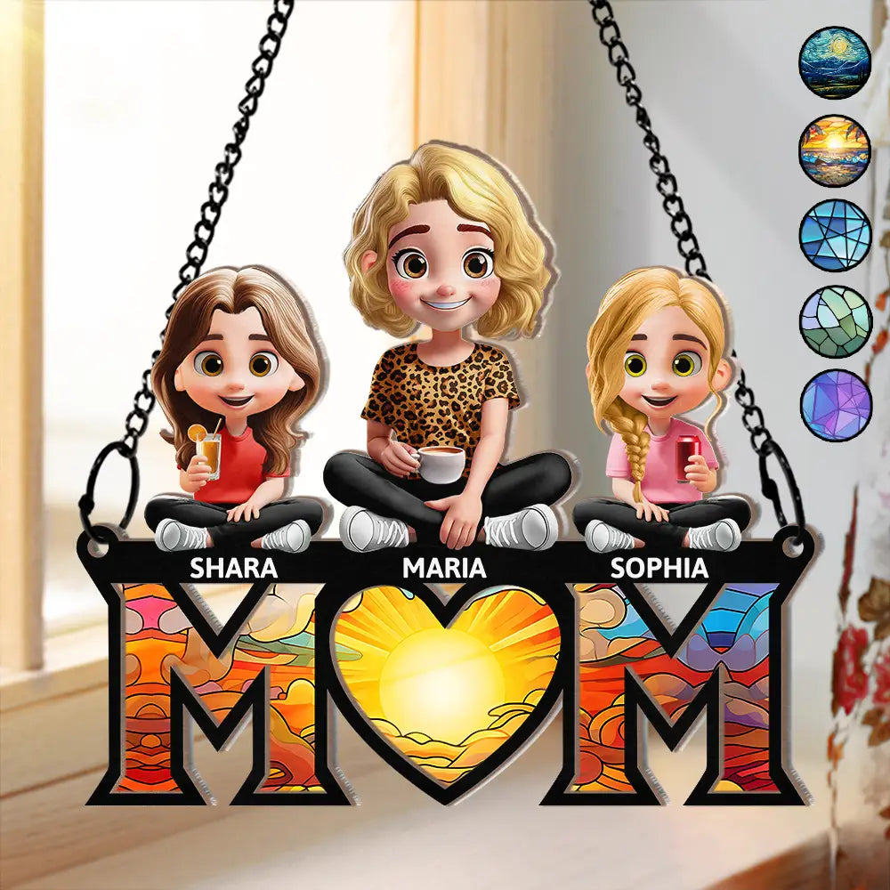Celebrate Mom with Love: 3D Cartoon Young Mom and Kids - Personalized Window Hanging Suncatcher Ornament Suncatcher Ornament PopCulturePrints