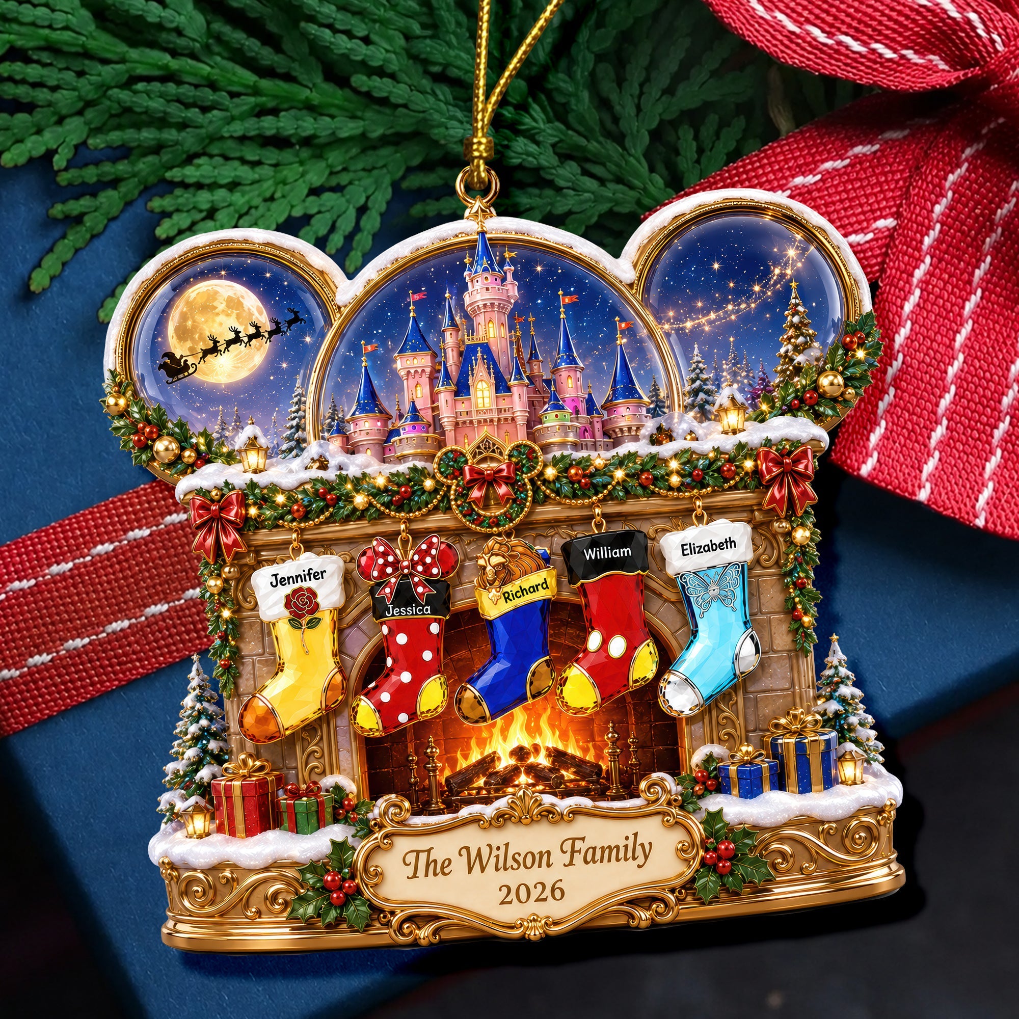 “Joy and Togetherness Awaits” - Personalized Fireplace Stocking Ornament - Custom Christmas Gift for Family and Friends