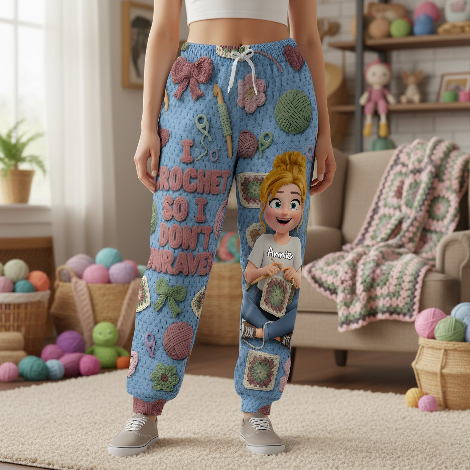 "I Crochet So I Don't Unravel" - Personalized Crochet Girl Pajama Pants - Perfect Gift for Crochet Lovers Pajama Pant PopCulturePrints