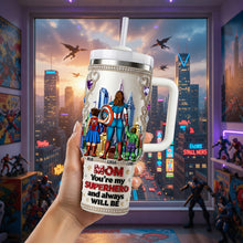 Load image into Gallery viewer, Mom, You're My Superhero - Personalized Brave Mom City Tumbler Handle Tumbler Cup PopCulturePrints

