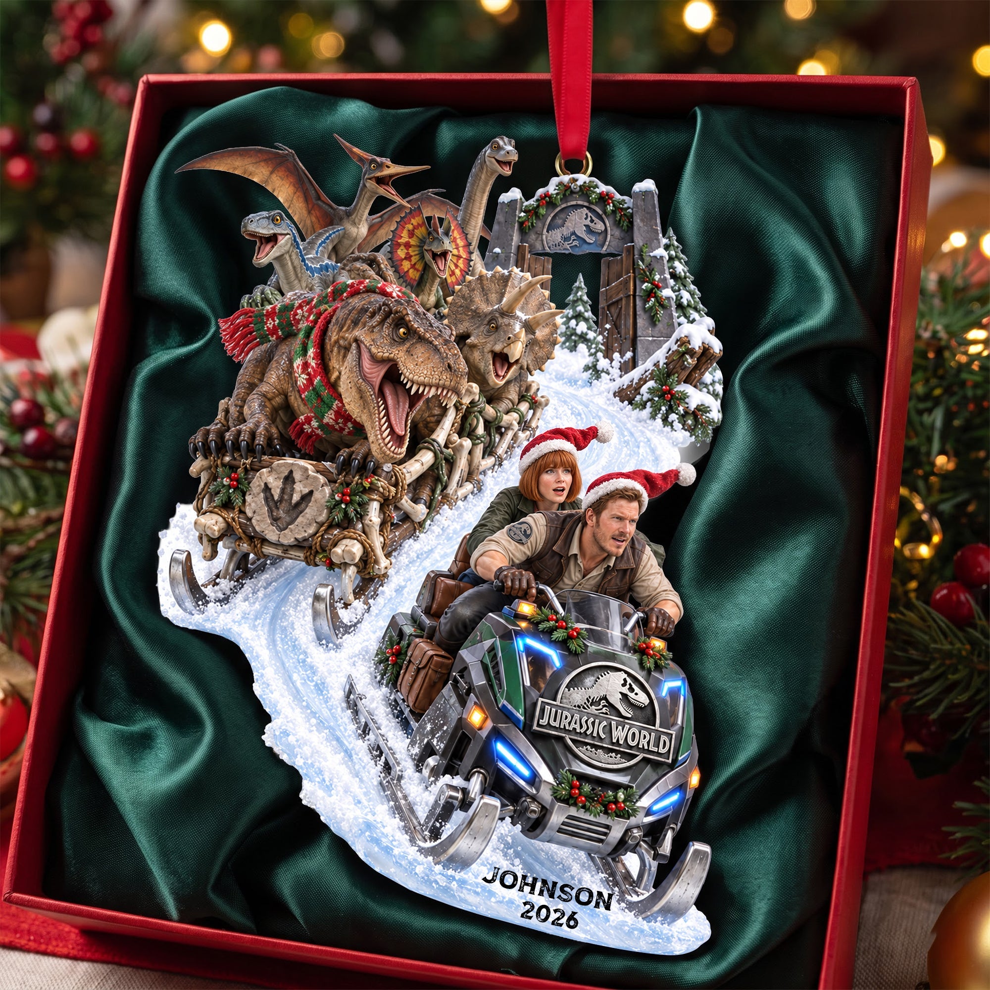 “Ride Through Prehistory with Joy!” - Prehistoric Snow Ride Ornament - Personalized Gift for Dinosaur Lovers, Kids, Family