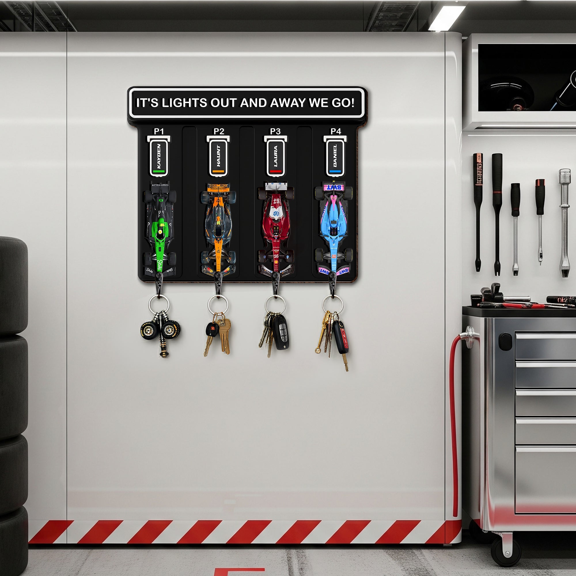 "It's Lights Out and Away We Go!" - Personalized Pit Stop Racing Car Key Hanger - Perfect Gift for Car Lovers Wood Sign PopCulturePrints