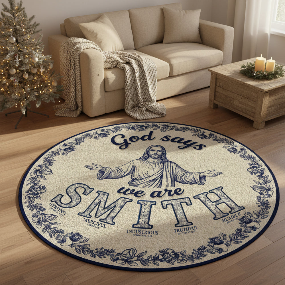 “God Says We Are Family” - Custom Alphabet Letters Round Mat - Personalized Gift for Christian Families Doormat PopCulturePrints
