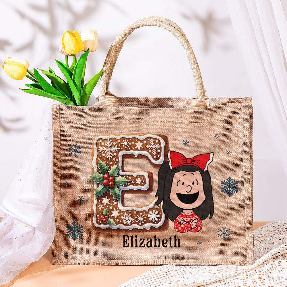 Personalized Christmas Jute Tote Bag for Kids - Alphabet Design Jute Tote Bag PopCulturePrints