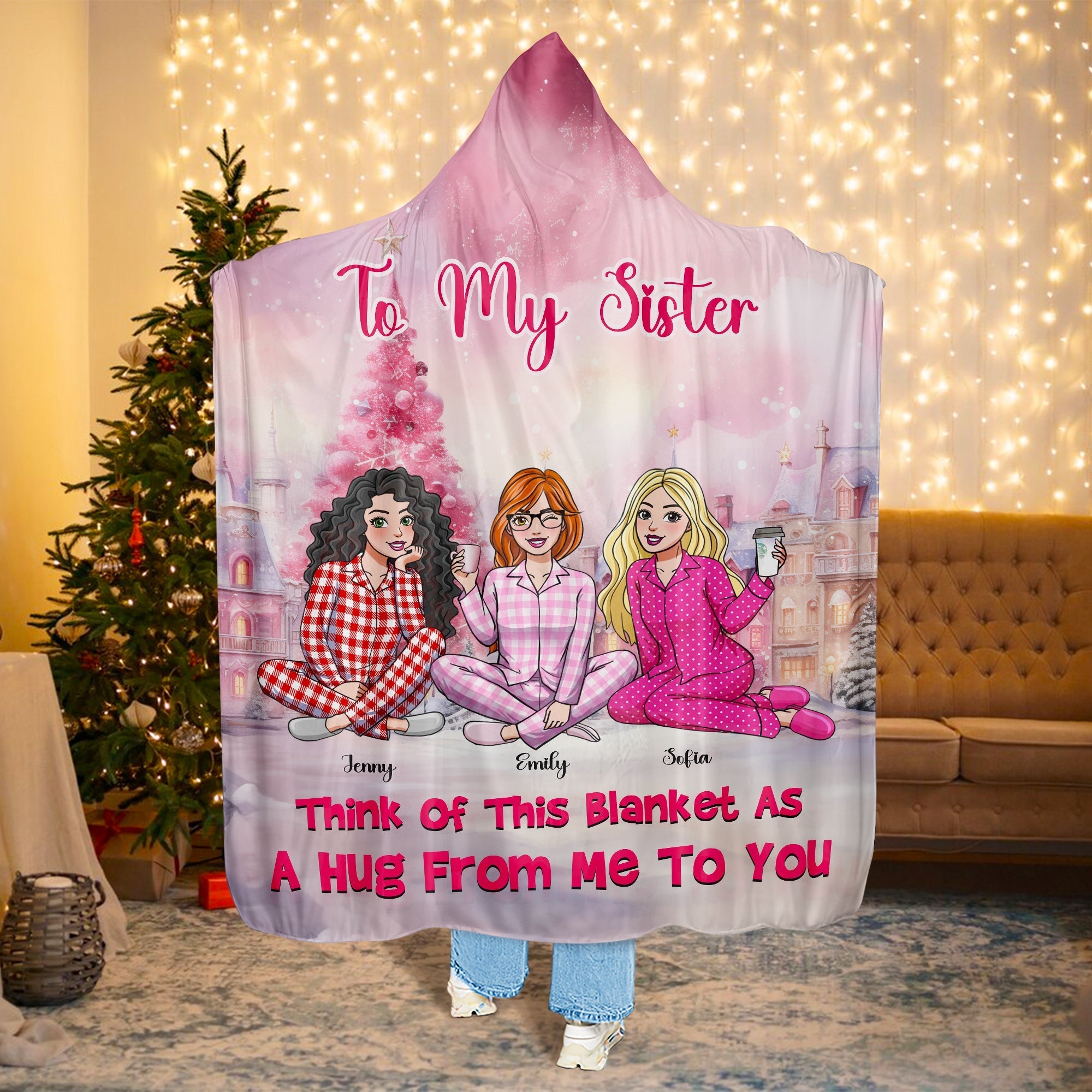 Cozy Personalized Christmas Blanket Hoodie for Sisters